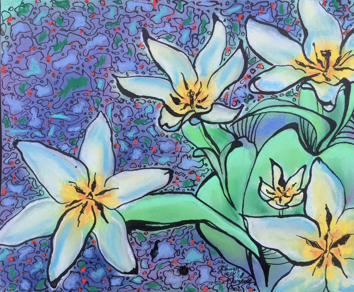 Wilde tulpen, 2018 - pastel en Oostindische inkt op papier, particuliere collectie