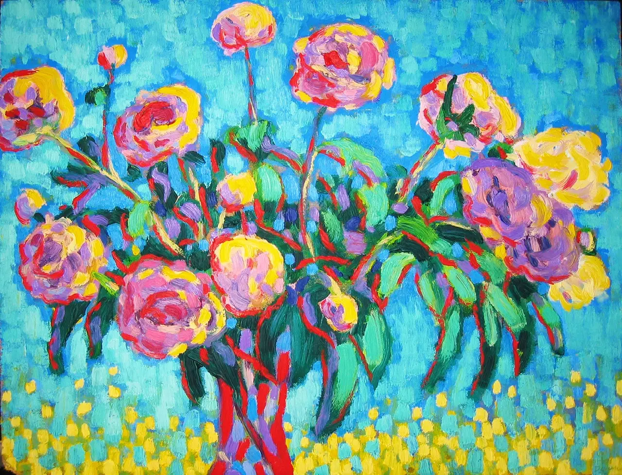 Pioenrozen, 2008 - olieverf op paneel, 63x81