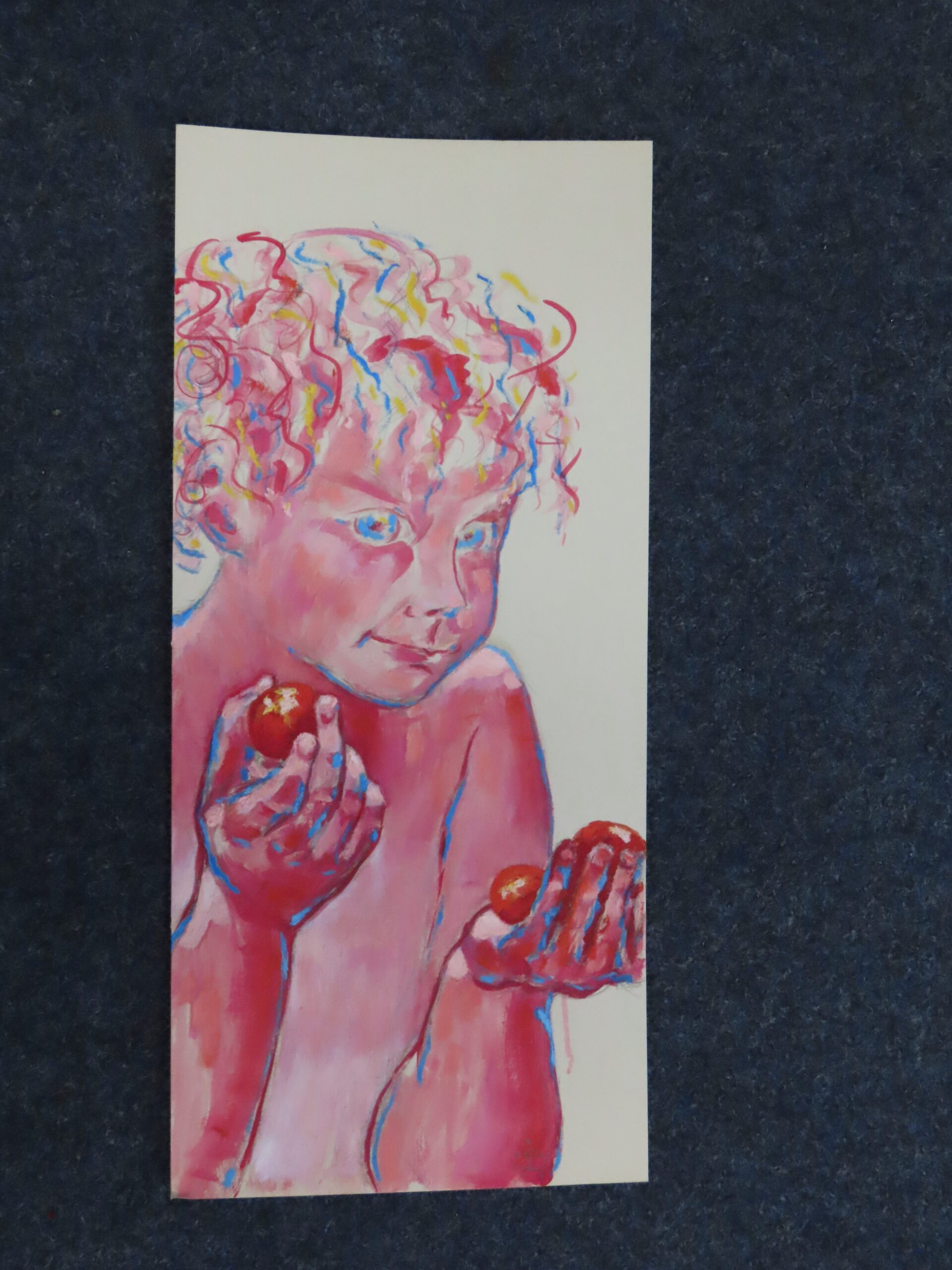 Kind met tomaten, 2024 - olieverf op papier, 68 x 31 cm, particuliere collectie