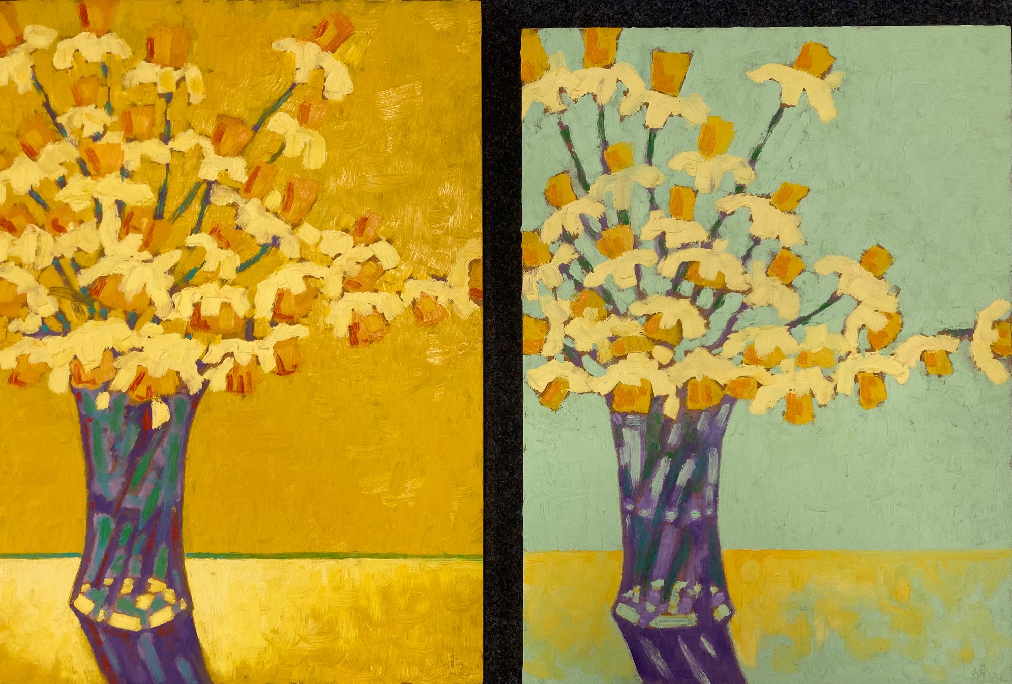 Narcissen, 2009 - tweeluik, olieverf op paneel. Narcissen II - 61 x 43 cm, Narcissen III - 58.5 x 43.5 cm