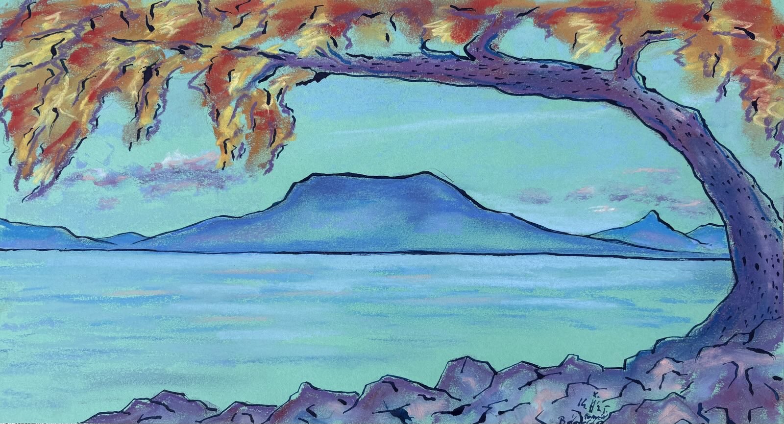 Balaton, 2025 - Impressie II, pastel op papier met Oost-Indische inkt, 18.5  x 34 cm