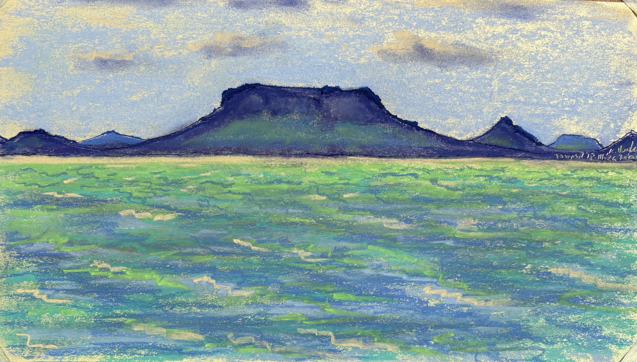 Balaton, 2026 - Impressie XV, pastel met inkt op papier, 19.5 x 34 cm