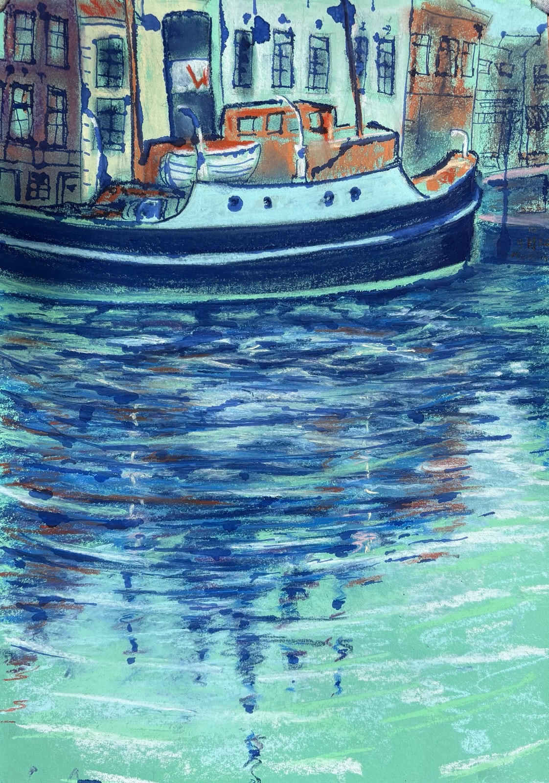 Studie sleepboot Furie, 2026 - pastel en inkt op papier, 34 x 24 cm