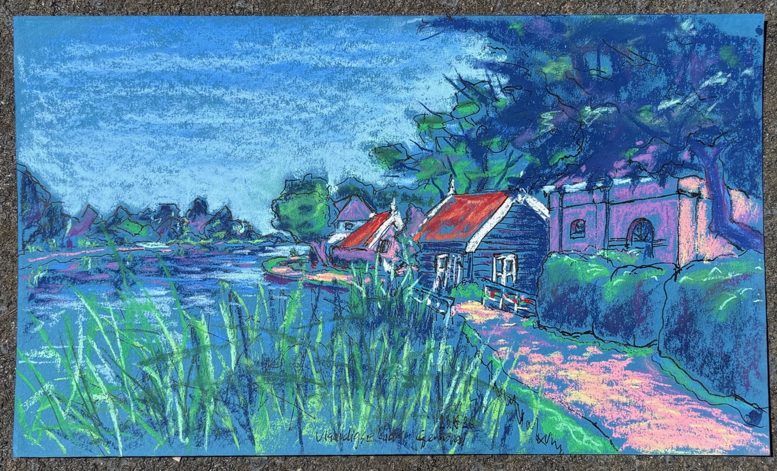 Vlaardingervaart met het oude poldergemaal, 2026 - pastel en inkt op papier, 20.5 x 35 cm