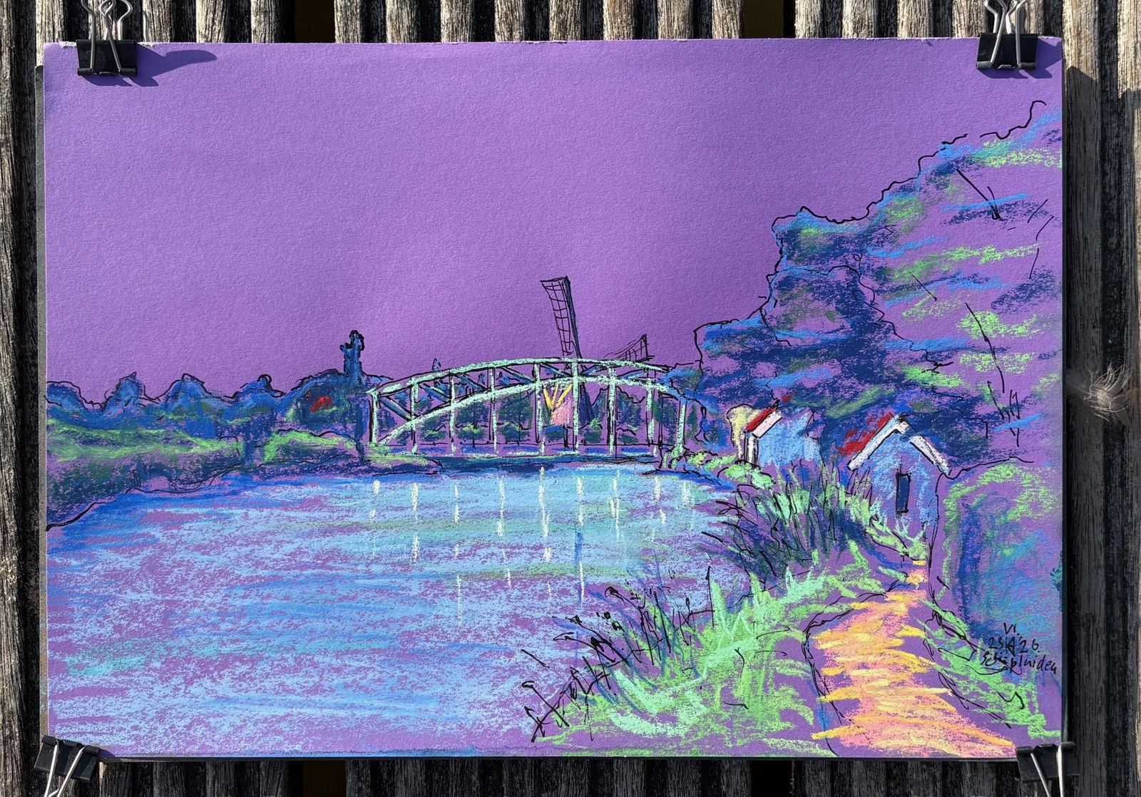 Schipluiden, oude Trambrug, 2026 - pastel en inkt op papier, 24 x 34 cm