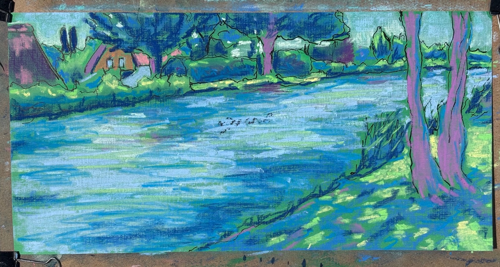 Vlaardingervaart bij gemaal Duifpolder, 2026 - pastel en inkt op papier, 15 x 30 cm