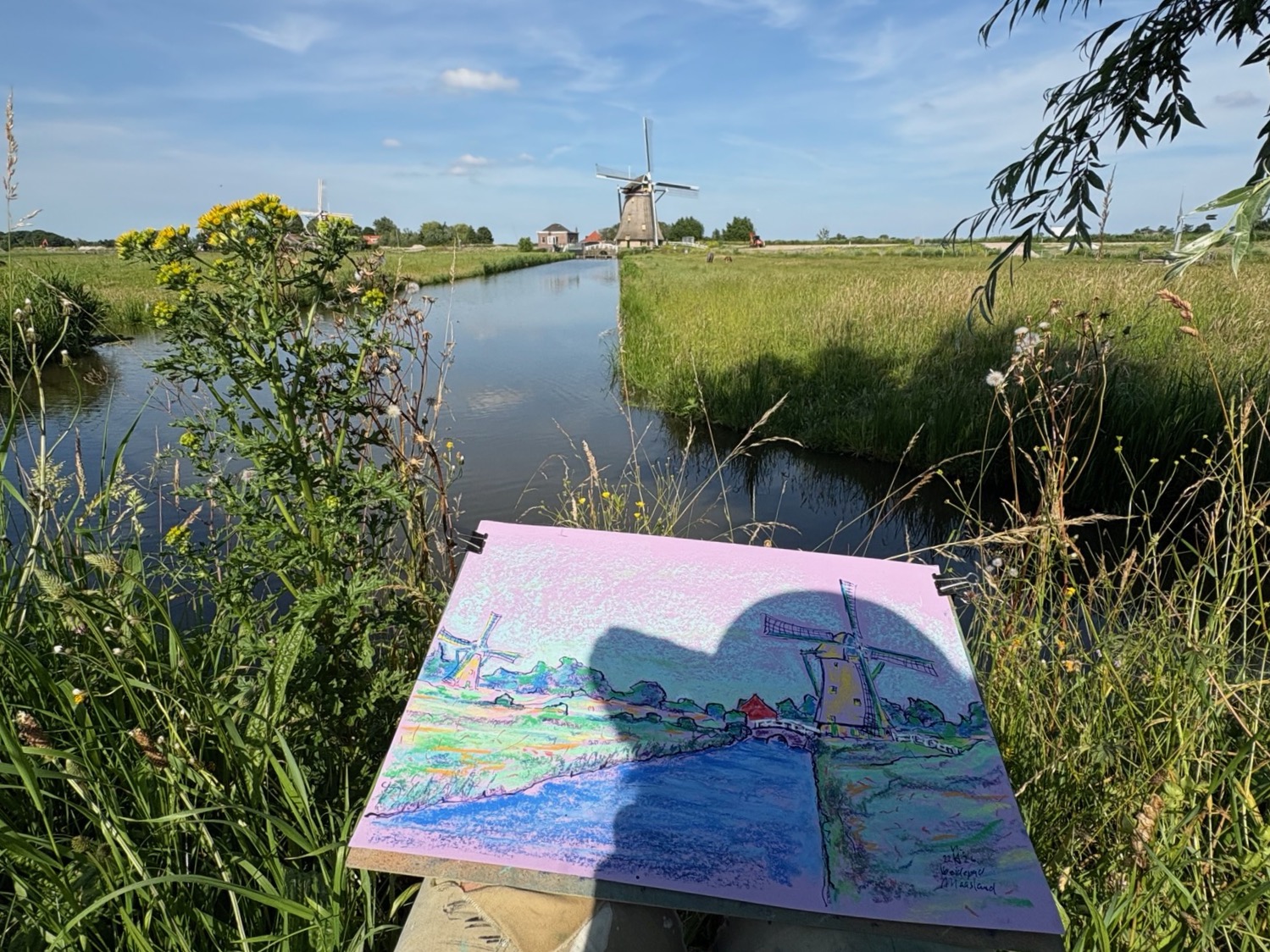 Weidepad Maasland Dijkmolen en De Drie Lelies, 2026 - pastel en inkt op papier, 24 x 34 cm