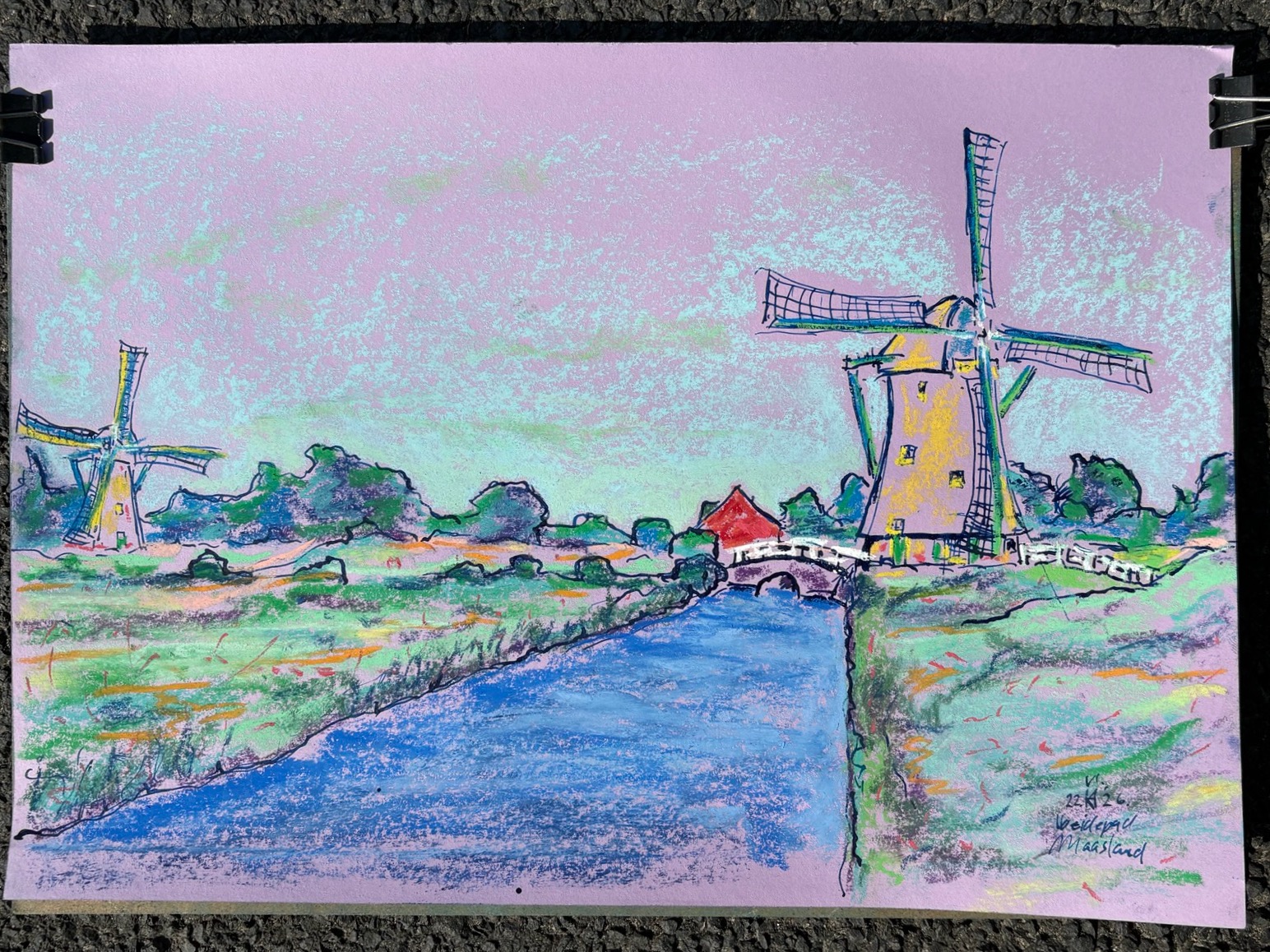 Weidepad Maasland, Dijkmolen en De Drie Lelies, 2026 - pastel en inkt op papier, 20 x 35 cm