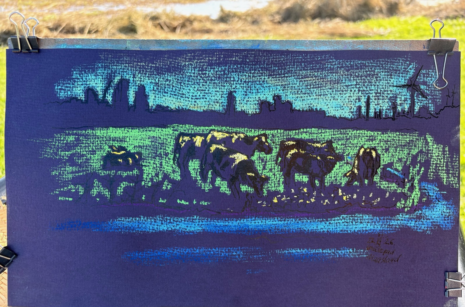 Weidepad Maasland, 2026 - pastel en inkt op papier, 20 x 35 cm
