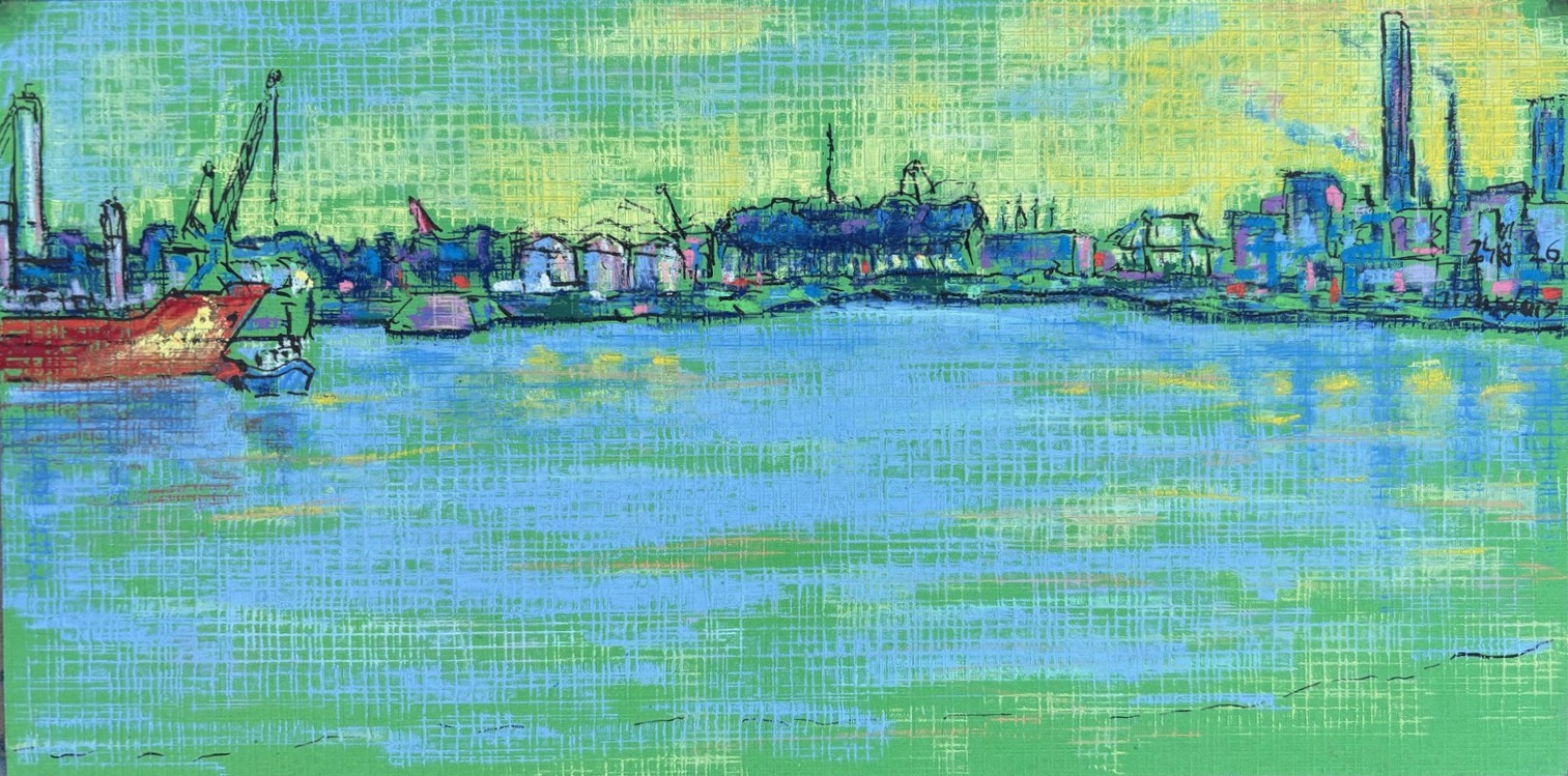 Industrie I (Maassluis Oeverbospad), 2026 - pastel en inkt op papier, 15 x 30 cm