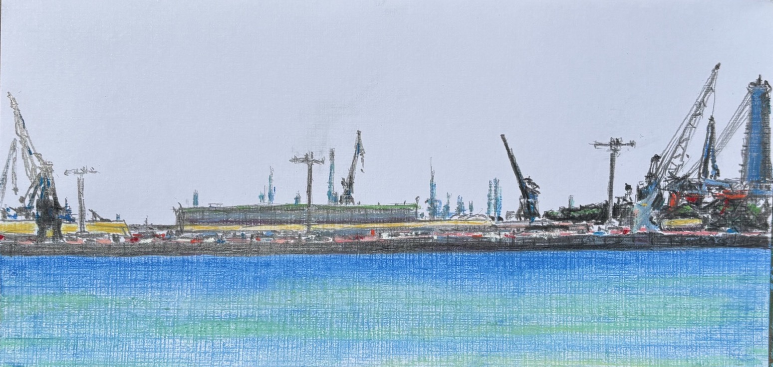 Industrie II (Maassluis Oeverbospad), 2026 - pastel en inkt op papier, 15 x 30 cm