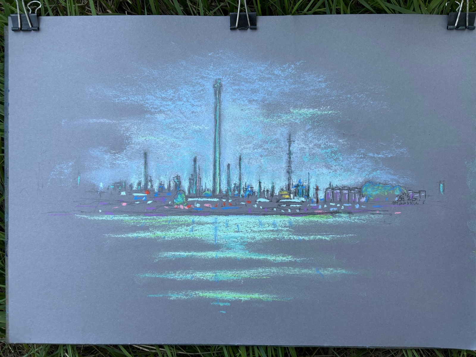 Industrie III (Maassluis Oeverbospad), 2026 - pastel en potlood op papier, 24 x 34 cm