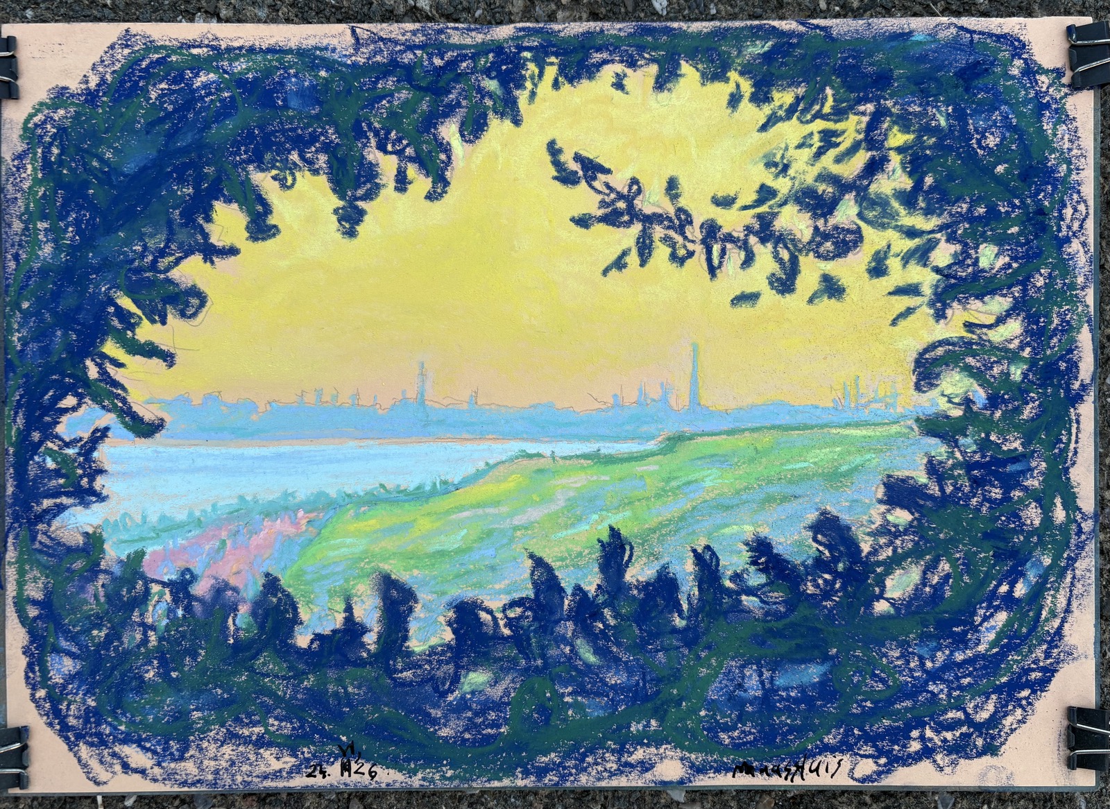 Industrie (Maassluis Oeverbospad in de avond), 2026 - pastel en inkt op papier, 24 x 34 cm