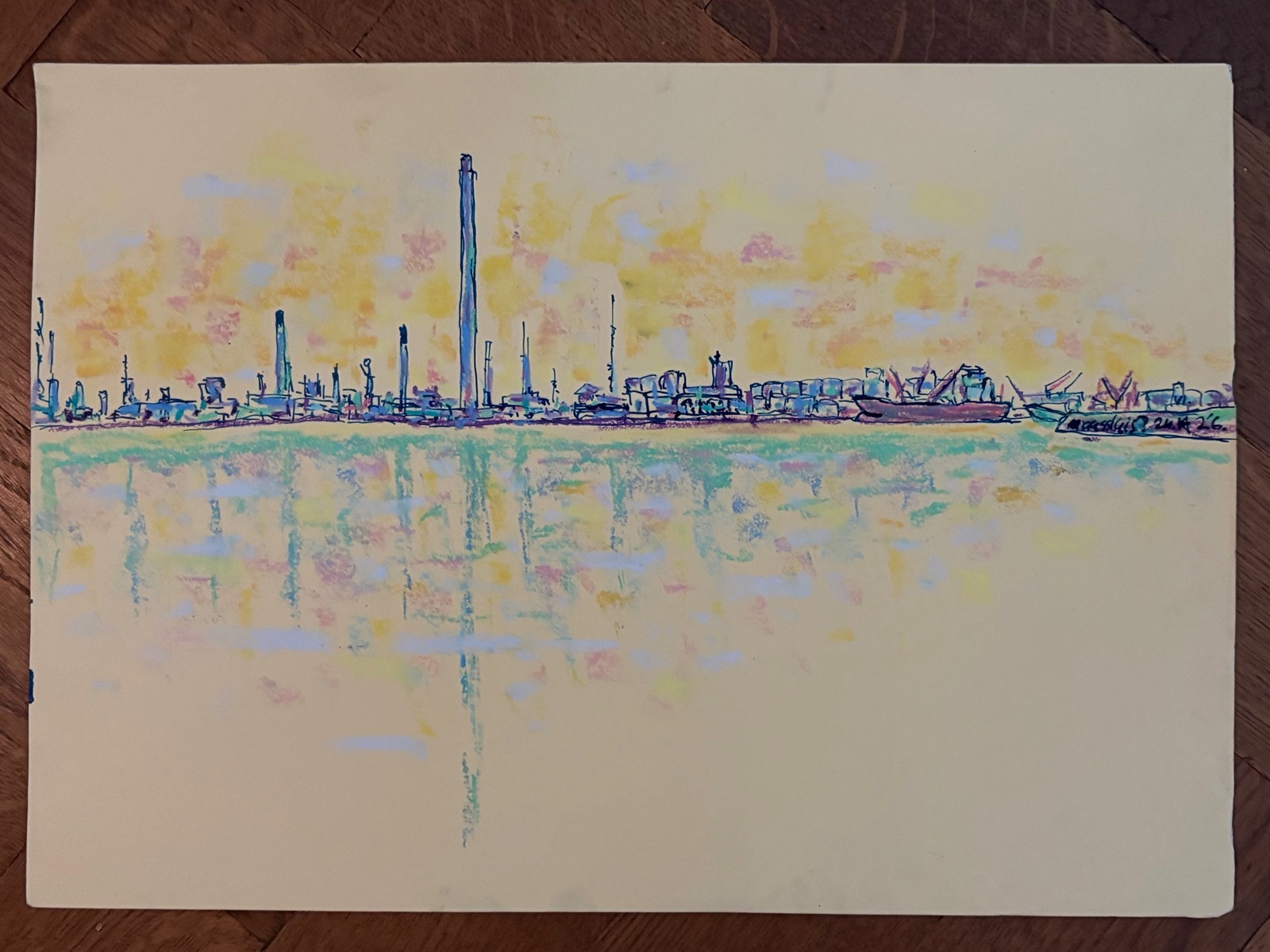 Industrie (Maassluis Oeverbospad in de ochtend), 2026 - pastel en inkt op papier, 24 x 34 cm