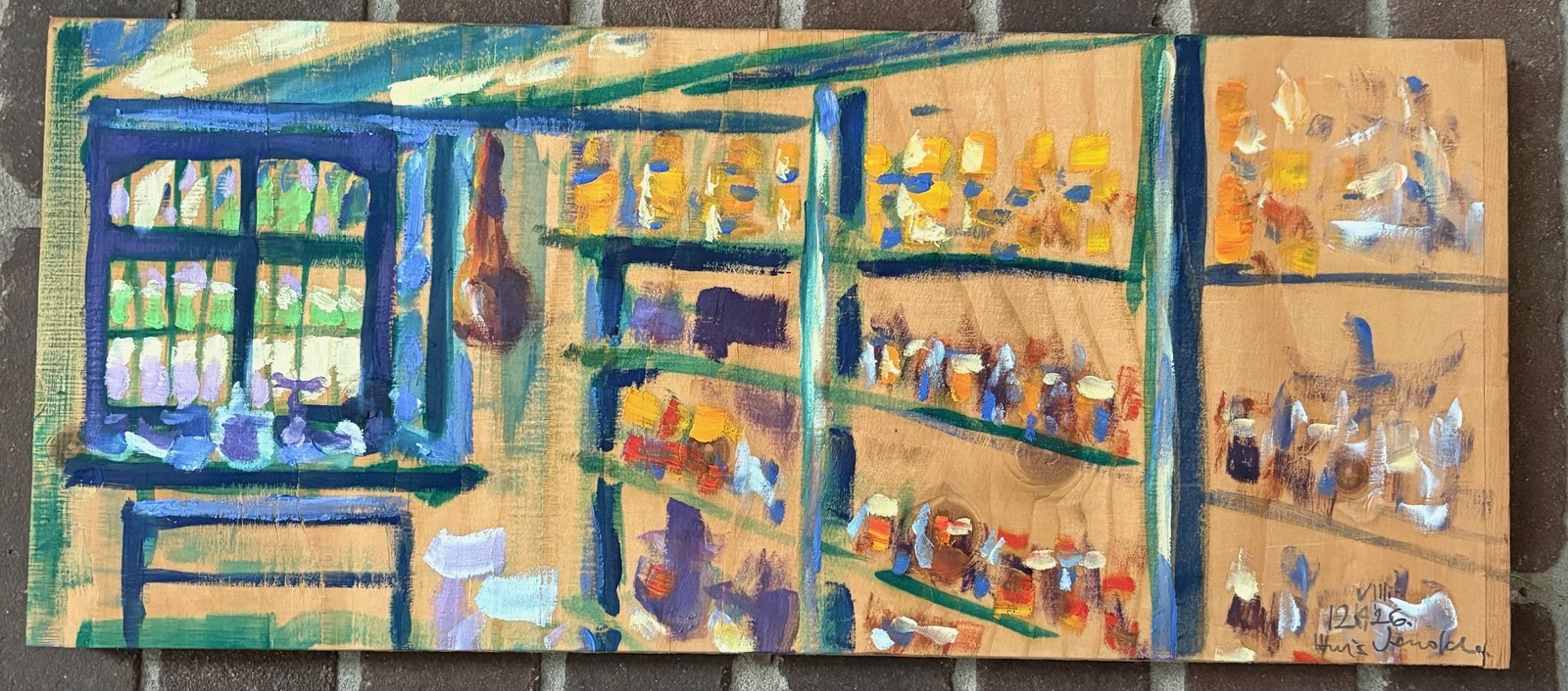 Provisiekamer in souterrain, 2026 - olieverf op hout, 17.5 x 40.5 cm