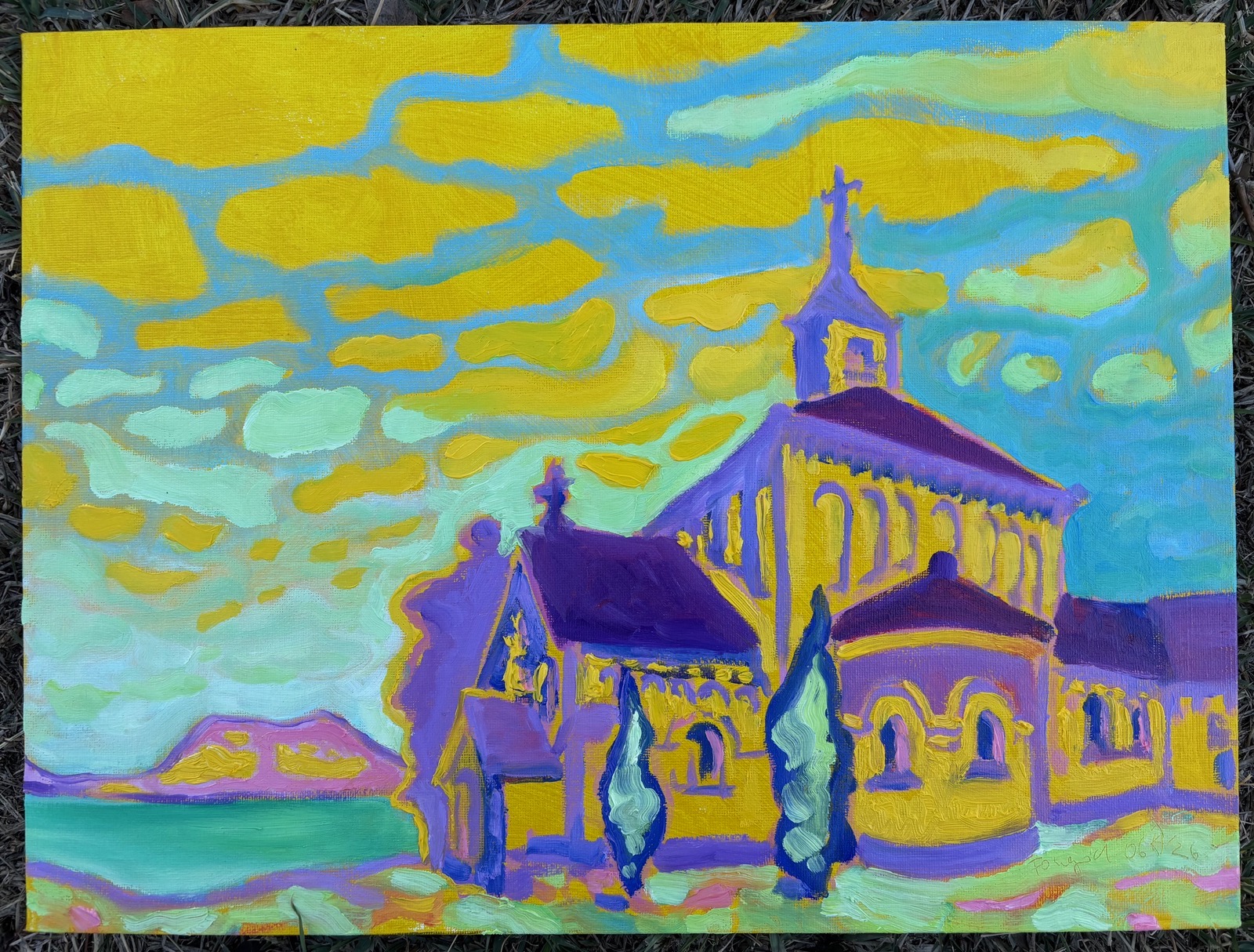 Balaton, 2026 - Fonyód (Nagyboldogasszony templom), olieverf op schilderskarton, 30 x 40 cm
