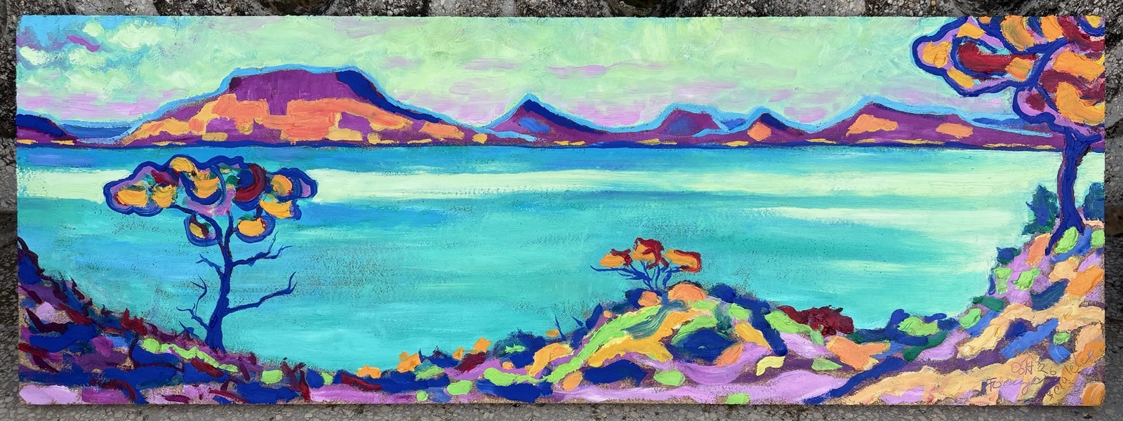 Balaton, 2026 - My beloved Balaton (Szaplonczay sétány), olieverf op paneel, 25 x 69.5 cm